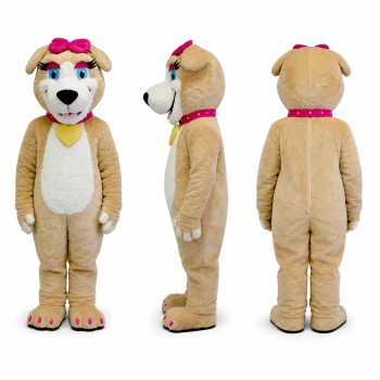 Female Dog Mascot Costume in Beige with Pink Bow Adult