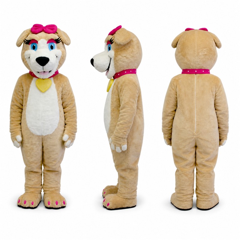Female Dog Mascot Costume in Beige with Pink Bow Adult