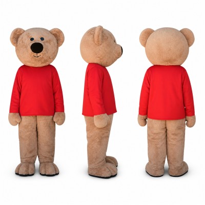 Bear Mascot Costume in Tan with Red Shirt Adult