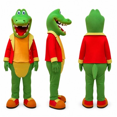 Crocodile Mascot Costume in Green with Red Jacket Adult