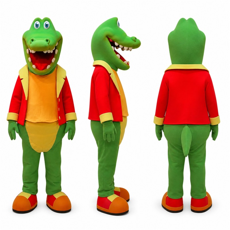 Crocodile Mascot Costume in Green with Red Jacket Adult