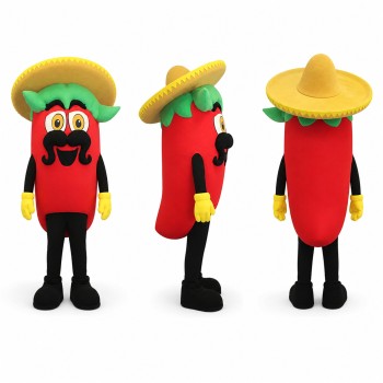 Chili Pepper Mascot Costume in Red with Yellow Sombrero Adult