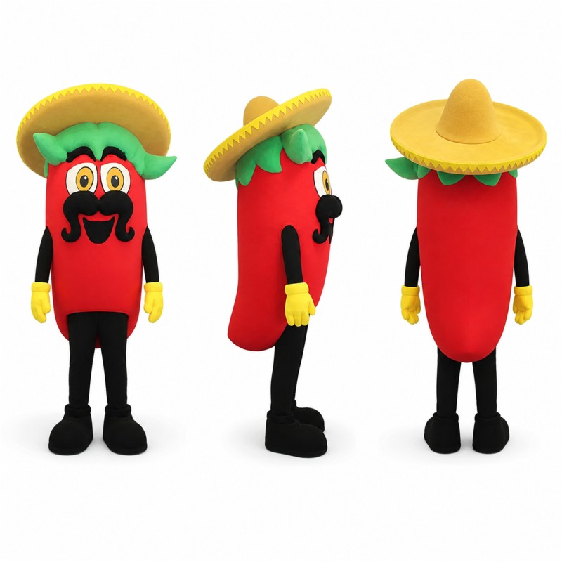 Chili Pepper Mascot Costume in Red with Yellow Sombrero Adult