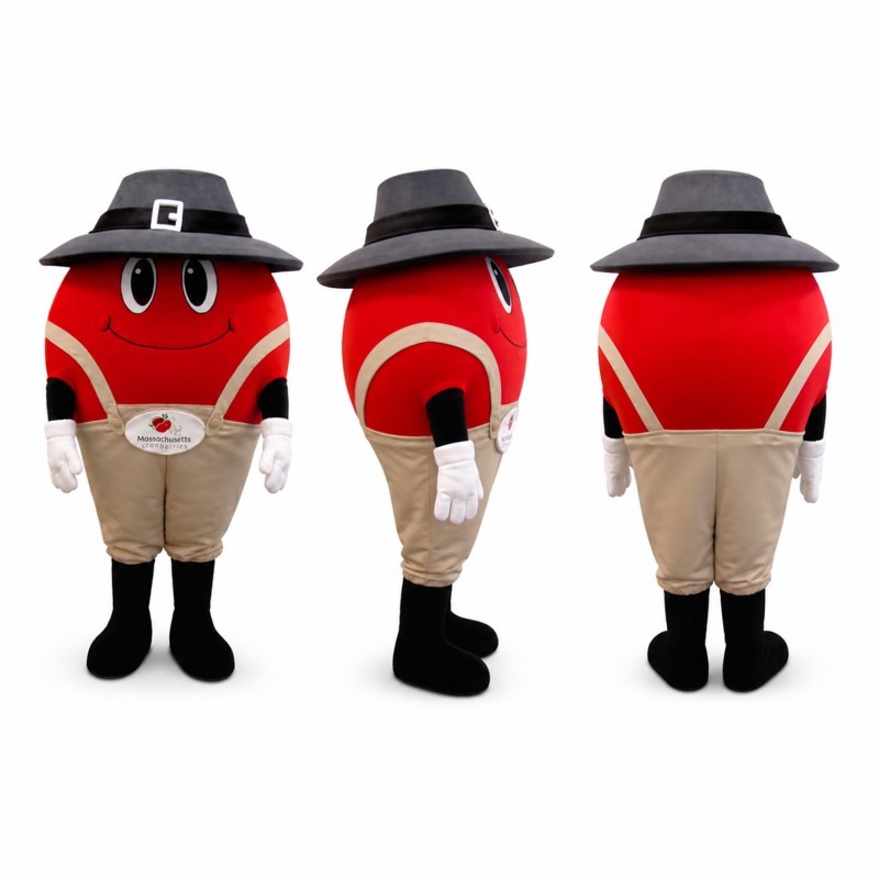 Round Character Mascot Costume in Red with Pilgrim Hat Adult