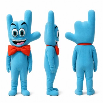 Hand Character Mascot Costume in Blue with Red Bow Tie Adult