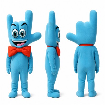 Hand Character Mascot Costume in Blue with Red Bow Tie Adult