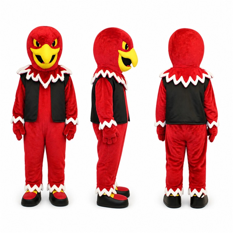 Bird Jester Mascot Costume in Red and Black Adult