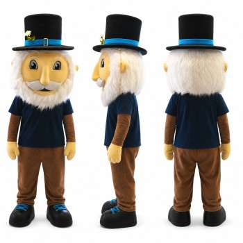 Old Gentleman Mascot Costume with Black Top Hat and White Beard Adult