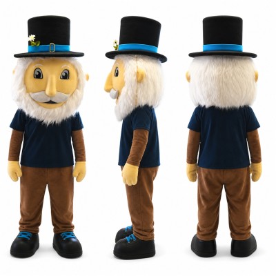 Old Gentleman Mascot Costume with Black Top Hat and White Beard Adult