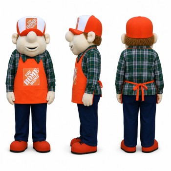 Store Worker Mascot Costume in Orange Apron and Cap Adult