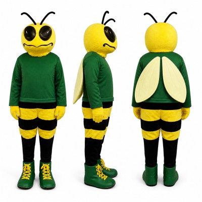 Bee Mascot Costume in Yellow and Black with Green Shirt Adult