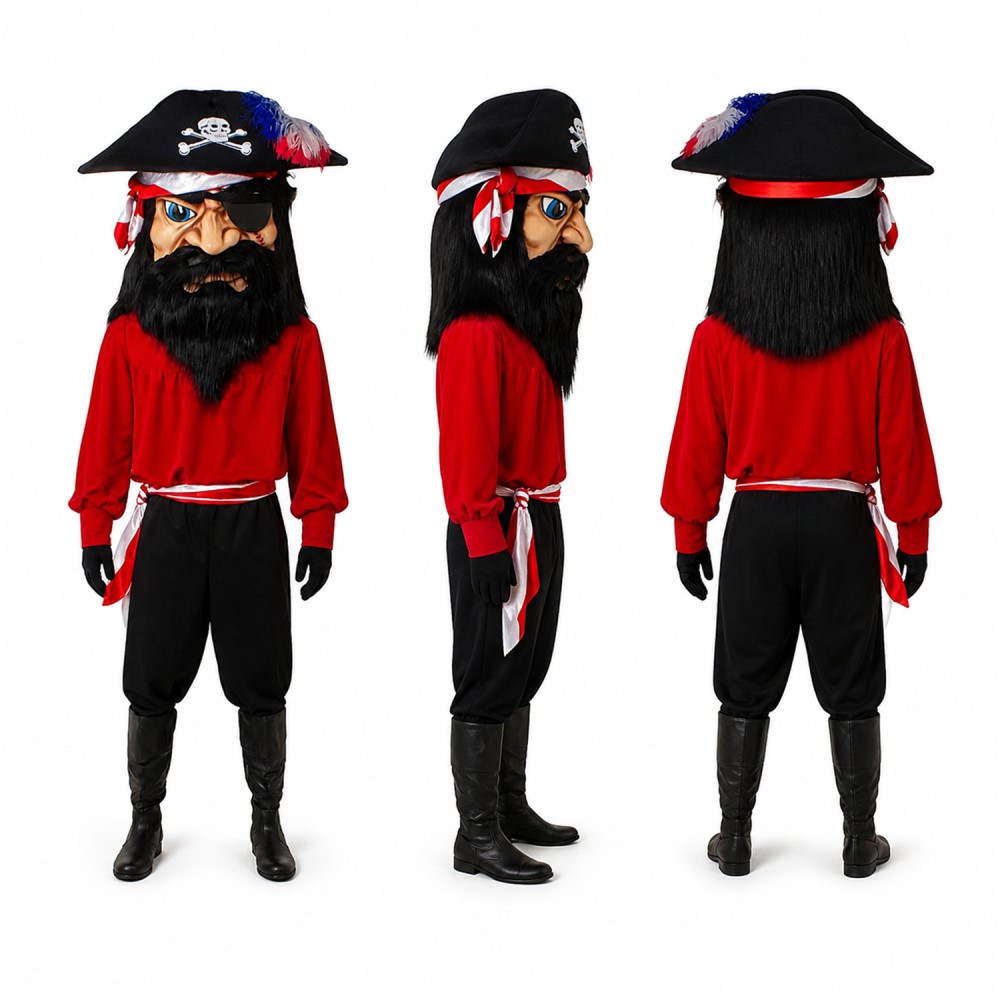 Pirate Mascot Costume in Red and Black with Tricorn Hat Adult Pirate Mascot Costume in Red and Black with Tricorn Hat Adult