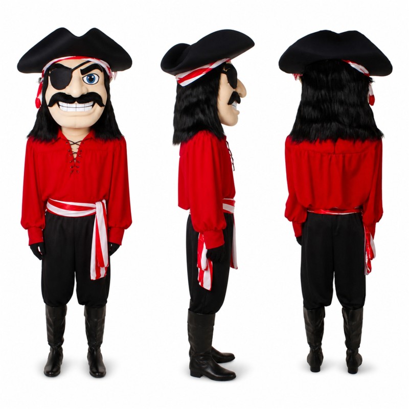 Pirate Mascot Costume in Red and Black with Mustache Adult