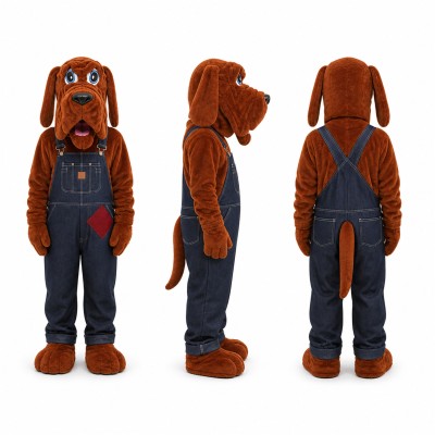 Hound Dog Mascot Costume in Brown with Navy Overalls Adult