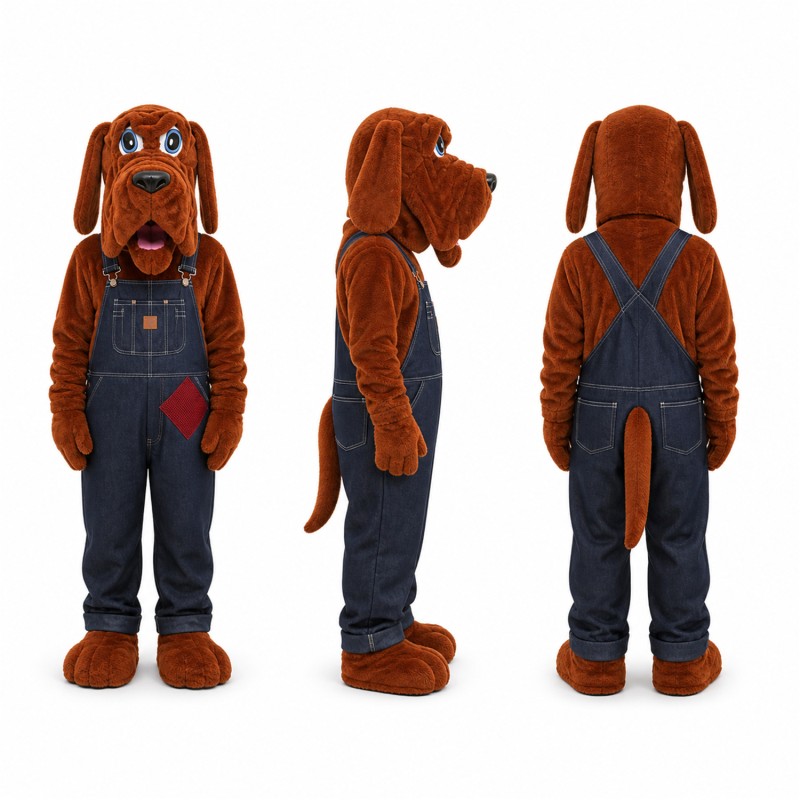 Hound Dog Mascot Costume in Brown with Navy Overalls Adult