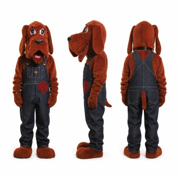Hound Dog Mascot Costume in Brown with Navy Overalls Adult