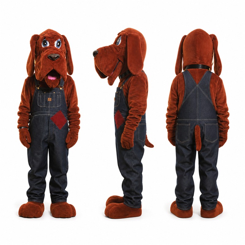 Hound Dog Mascot Costume in Brown with Navy Overalls Adult