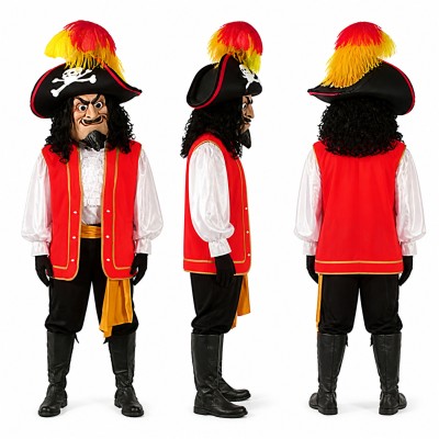 Pirate Mascot Costume in Red and Black with Feathered Hat Adult