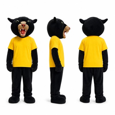 Black Panther Mascot Costume with Yellow Shirt Adult