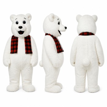 Polar Bear Mascot Costume in White with Plaid Scarf Adult