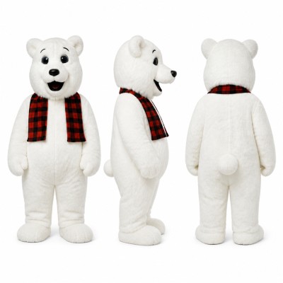 Polar Bear Mascot Costume in White with Plaid Scarf Adult