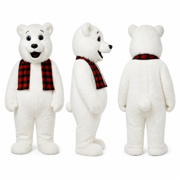 Polar Bear Mascot Costume in White with Plaid Scarf Adult