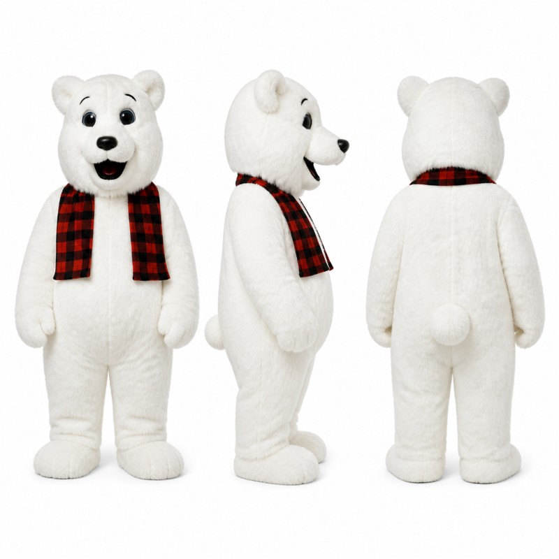 Polar Bear Mascot Costume in White with Plaid Scarf Adult
