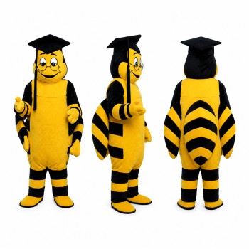 Graduate Bee Mascot Costume in Yellow and Black with Mortarboard Adult