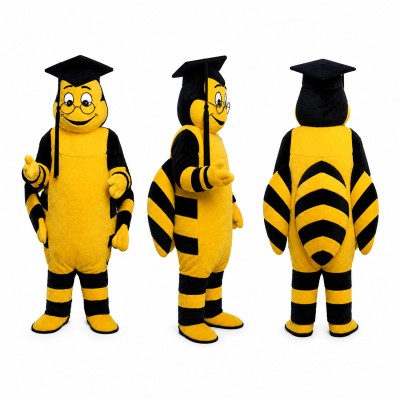 Graduate Bee Mascot Costume in Yellow and Black with Mortarboard Adult