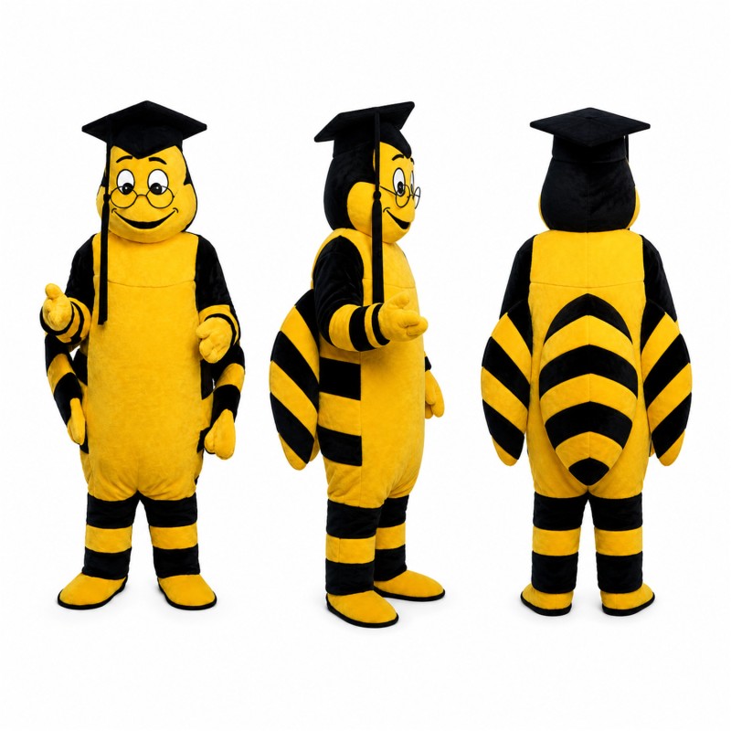 Graduate Bee Mascot Costume in Yellow and Black with Mortarboard Adult