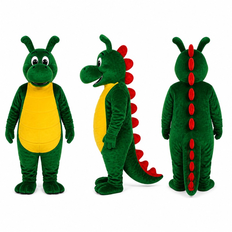 Dragon Mascot Costume in Green with Yellow Belly Adult