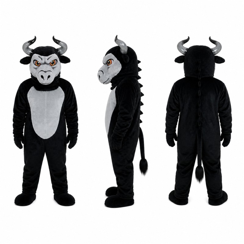 Black Bull Mascot Costume in Gray and Black Adult