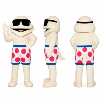 Beach Character Mascot Costume in Cream with Sunglasses and Heart Shorts Adult