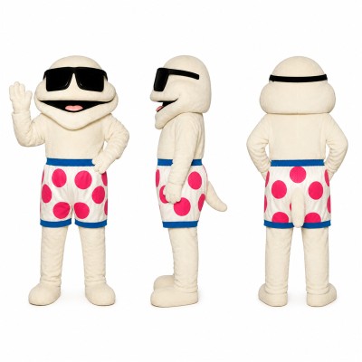 Beach Character Mascot Costume in Cream with Sunglasses and Heart Shorts Adult