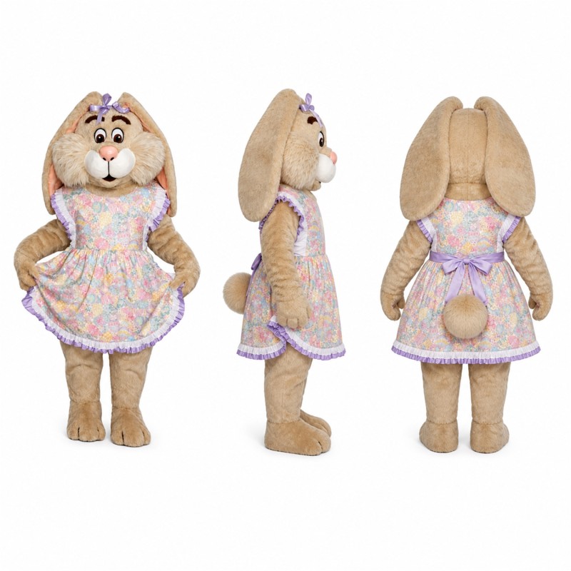 Rabbit Mascot Costume in Tan with Floral Dress Adult