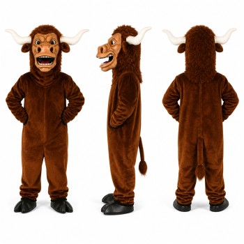 Bull Mascot Costume in Brown with Long White Horns Adult