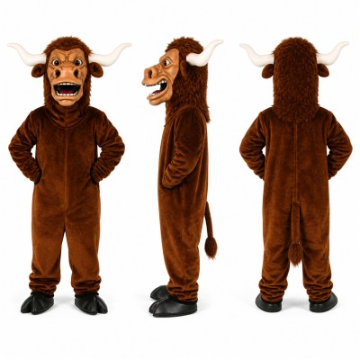 Bull Mascot Costume in Brown with Long White Horns Adult