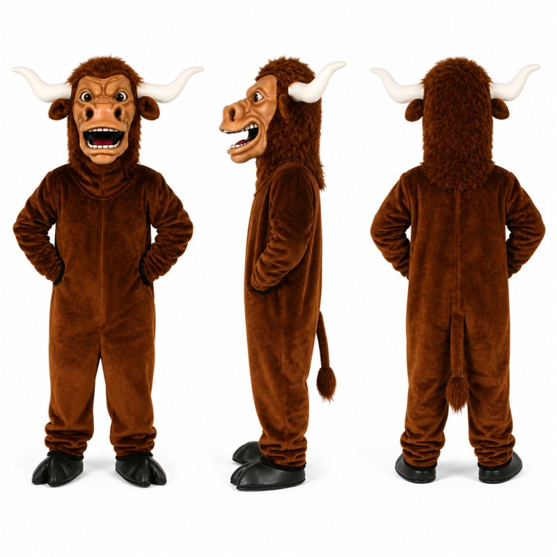 Bull Mascot Costume in Brown with Long White Horns Adult