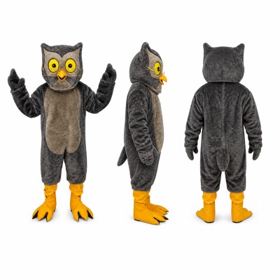 Owl Mascot Costume in Gray with Yellow Eyes and Feet Adult