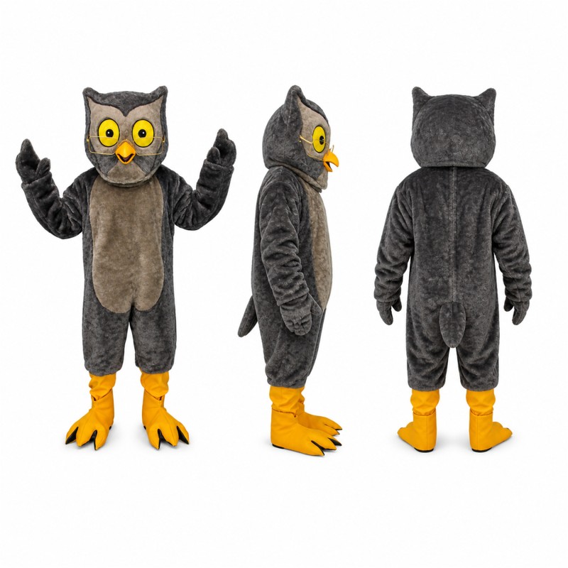 Owl Mascot Costume in Gray with Yellow Eyes and Feet Adult