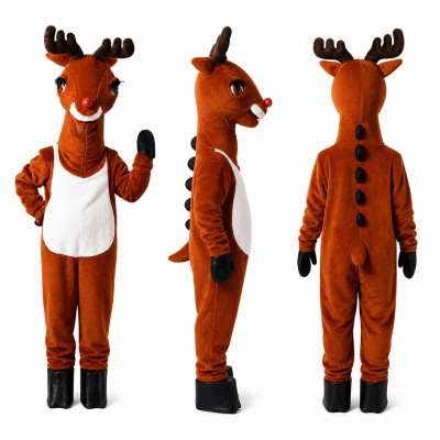Reindeer Mascot Costume in Brown with Antlers and Black Hooves Adult