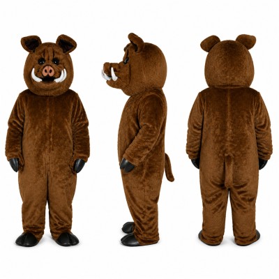 Wild Boar Mascot Costume in Brown with Tusks Adult
