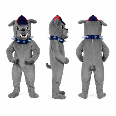 Bulldog Mascot Costume in Gray with Cap and Blue Collar Adult