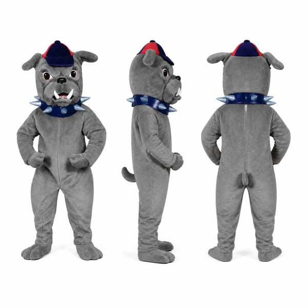 Bulldog Mascot Costume in Gray with Cap and Blue Collar Adult