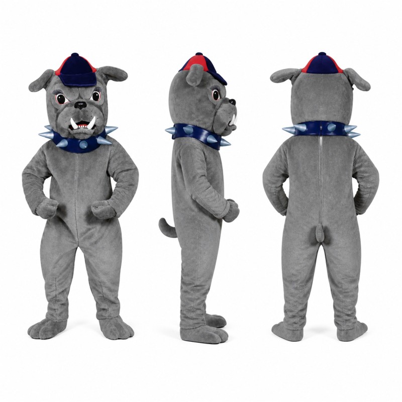 Bulldog Mascot Costume in Gray with Cap and Blue Collar Adult