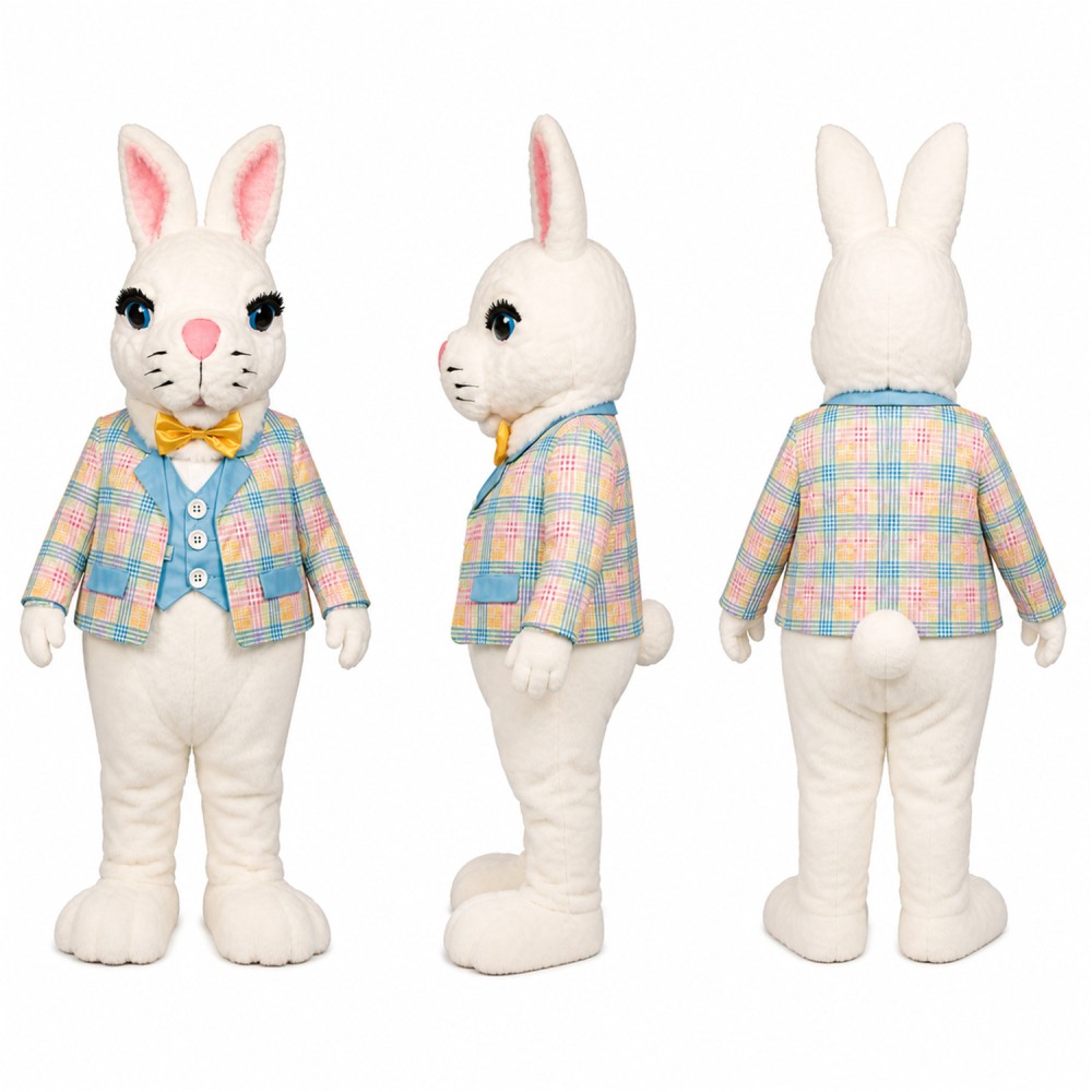 Rabbit Mascot Costume in White with Pastel Plaid Jacket Adult Rabbit Mascot Costume in White with Pastel Plaid Jacket Adult