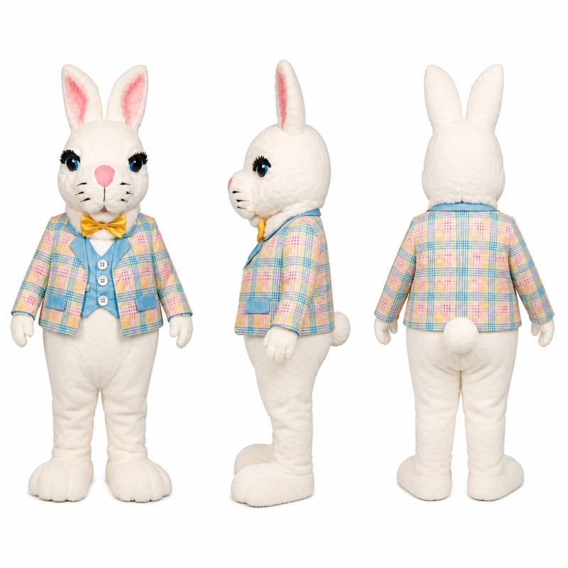 Rabbit Mascot Costume in White with Pastel Plaid Jacket Adult