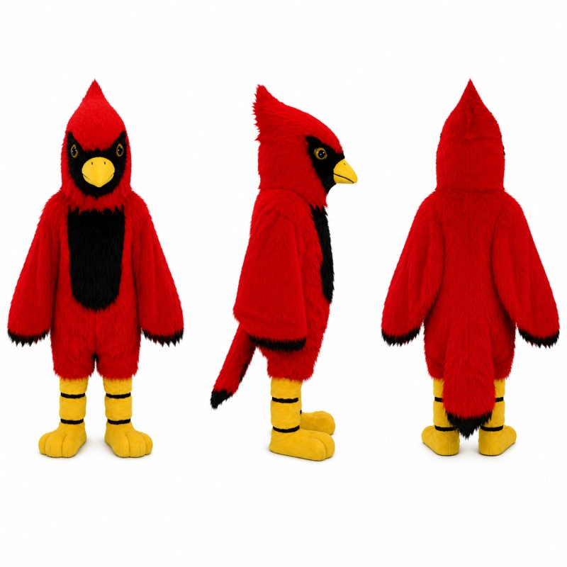 Cardinal Bird Mascot Costume in Red and Black with Yellow Feet Adult