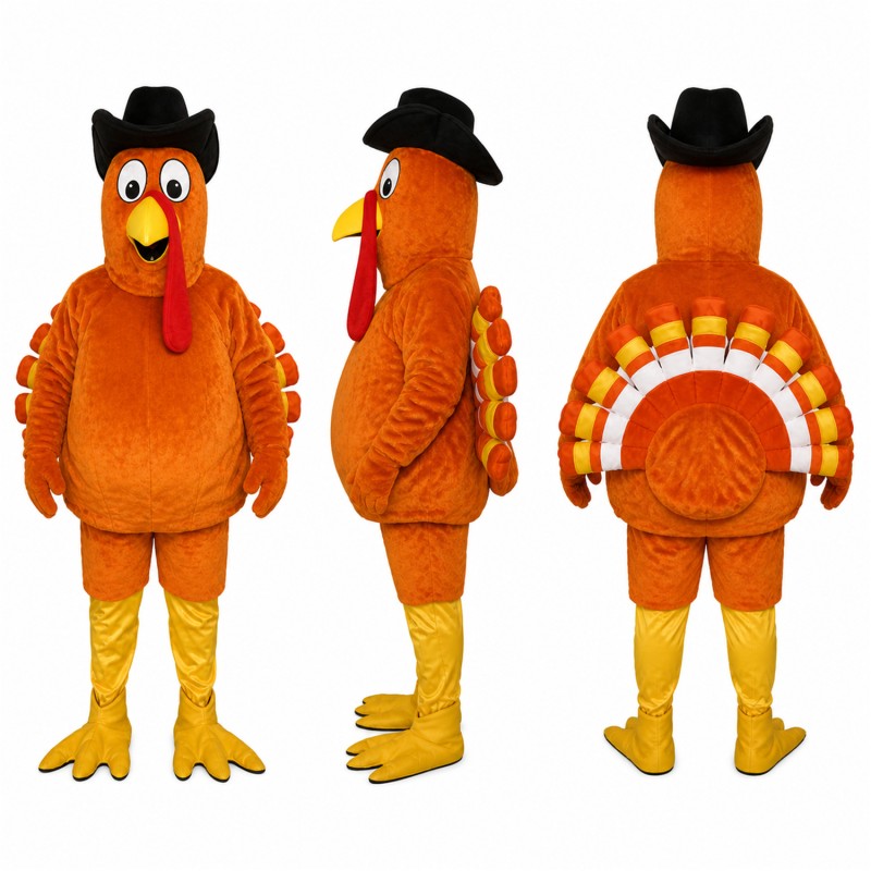 Turkey Mascot Costume in Orange with Fan Tail Adult