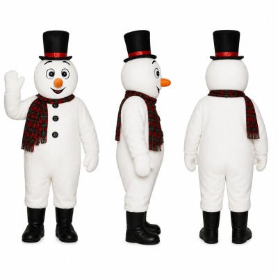 Snowman Mascot Costume in White with Top Hat and Plaid Scarf Adult